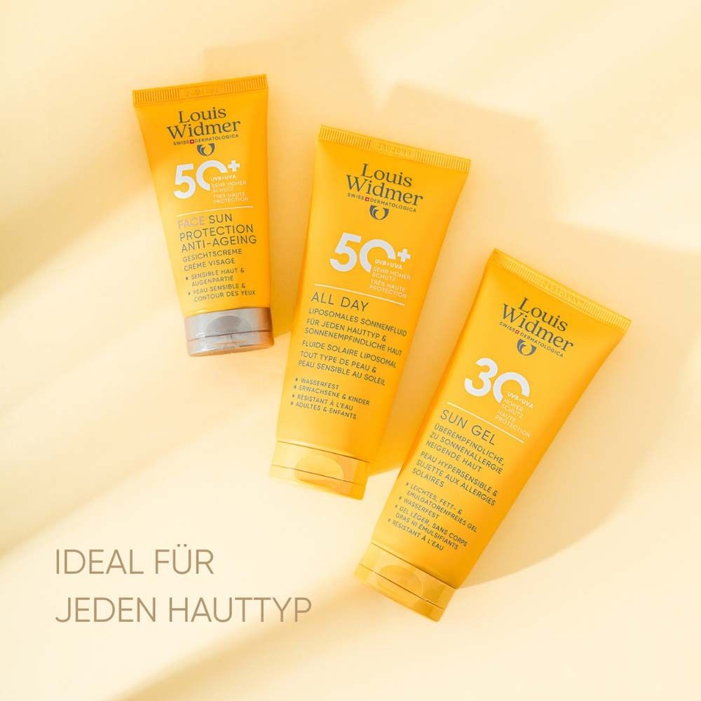 Trois tubes. Logo Louis Widmer. Face Sun Protection. Texte: Idéal pour tous les types de peau. 50, All Day, Sun Gel.