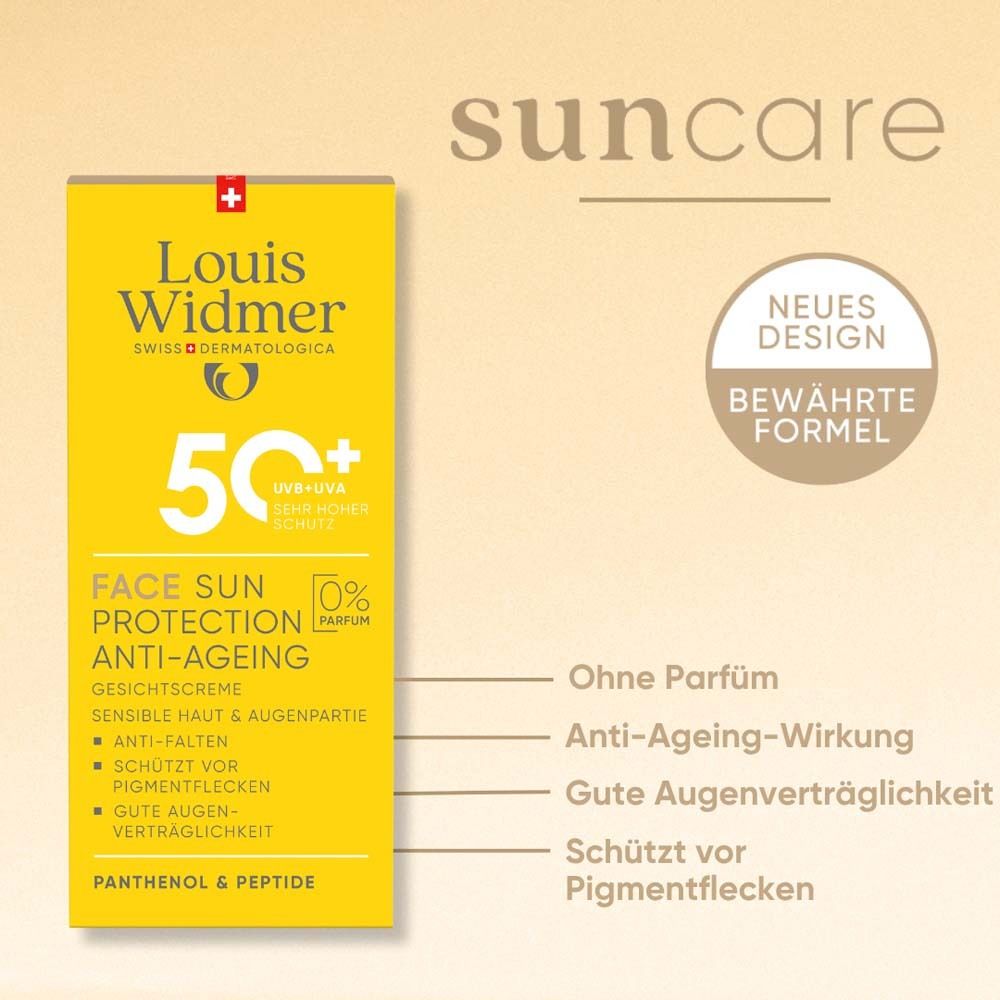 Emballage jaune Louis Widmer. Texte: Face Sun Protection Anti-Ageing 50. Sans parfum. Anti-rides. Protège des taches pigmentaires. Bonne tolérance oculaire.