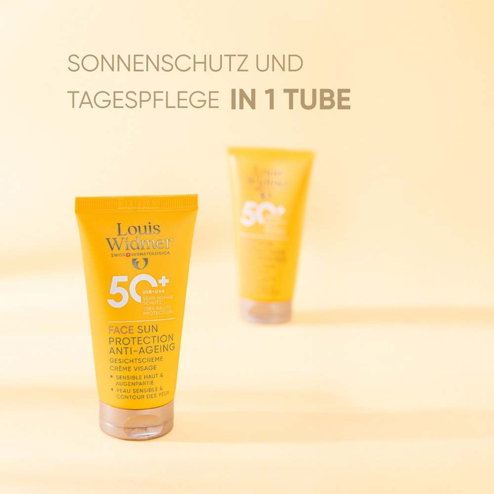 Deux tubes jaunes Louis Widmer. Texte: Face Sun Protection Anti-Ageing 50. Protection solaire et soin de jour en 1 tube.