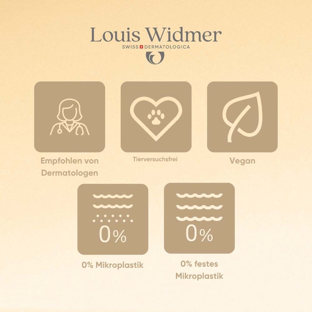 Logo Louis Widmer. Icônes: Recommandé par les dermatologues, Sans tests sur les animaux, Vegan, 0% microplastiques, 0% microplastiques solides.