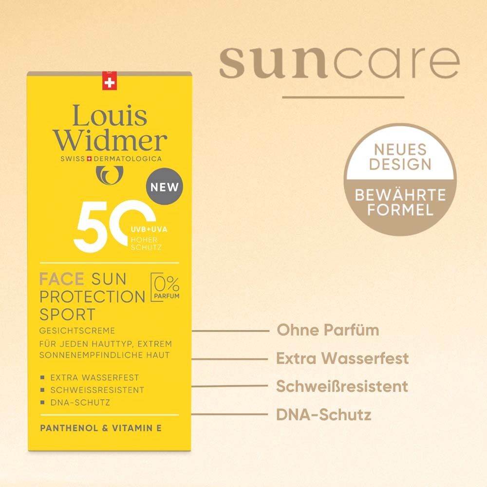 Emballage jaune Louis Widmer Sun Protection Sport 50+. Nouveau design. Formule éprouvée. 0% parfum. Résistant à l'eau.