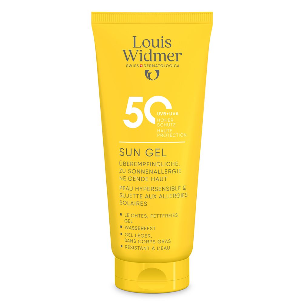 Tube de gel jaune avec logo et nom du produit. Protection solaire 50. Texte: Sun Gel, pour peaux allergiques.