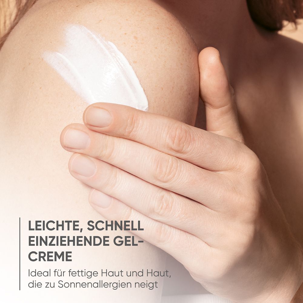 Tube jaune avec nom et logo du produit. Protection solaire 50. Texte: Sun Gel. Nouveau design, formule éprouvée. Acné.