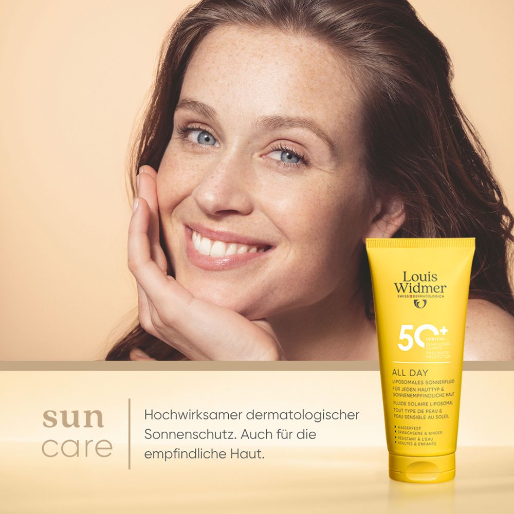 Tube jaune avec nom et logo du produit. Protection solaire 50. Texte: Sun Gel. Crème-gel légère, sans graisse.