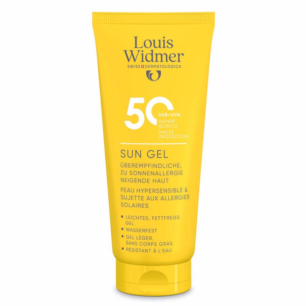 Tube de gel Louis Widmer Sun Gel 50 non parfumé. Tube jaune avec texte blanc. Croix suisse.