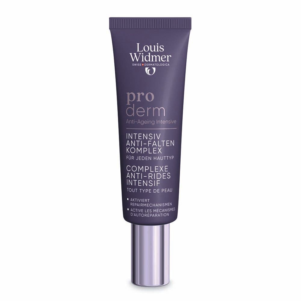 Tube violet avec bouchon argenté. Inscription: Louis Widmer, pro derm, Complexe Anti-Rides Intensif.