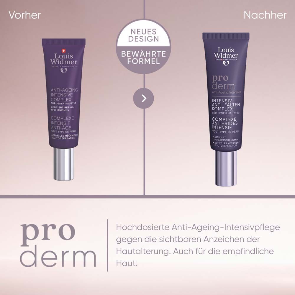 Deux tubes, ancien à gauche, nouveau à droite. Texte: Formule éprouvée, Nouveau design. Texte: pro derm, Anti-âge intensif.