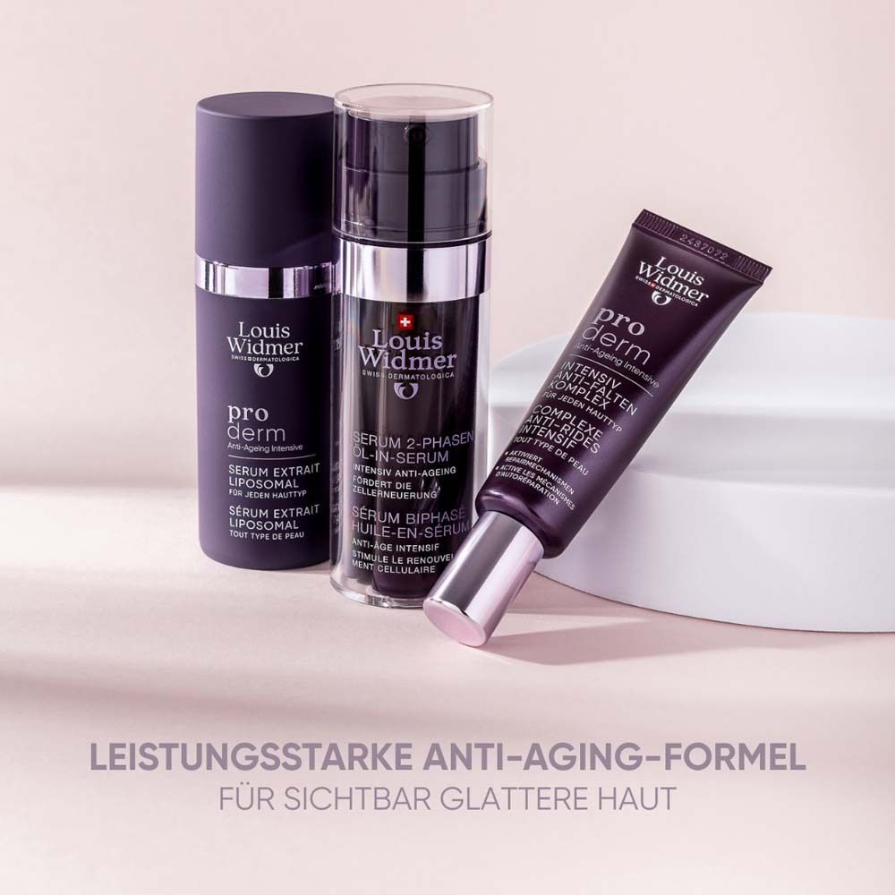 Trois produits: flacon, sérum et tube. Inscription: Louis Widmer, pro derm. Texte: Formule anti-âge.