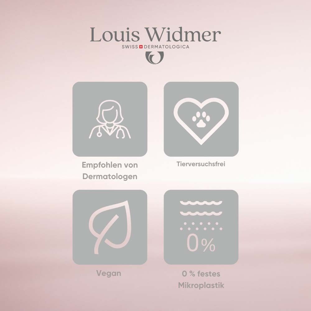 Quatre logos: Recommandé par les dermatologues, Sans tests sur les animaux, Vegan, 0% microplastique. Logo: Louis Widmer.