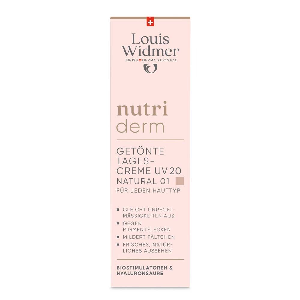 Emballage rose. Inscription: Louis Widmer, nutriderm, crème de jour teintée UV 20, Natural 01. Texte: Pour tous types de peau.