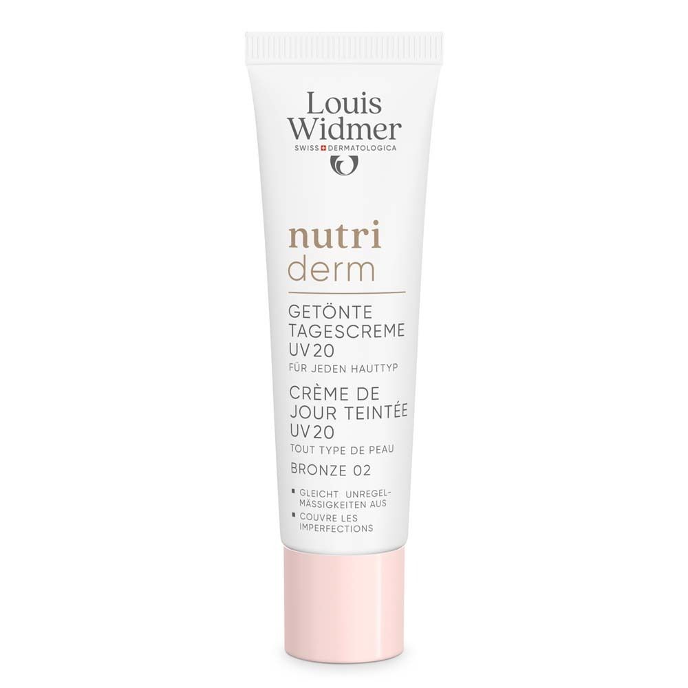 Tube blanche avec bouchon rose. Inscription: Louis Widmer, Nutriderm, Crème de jour teintée UV 20, Bronze 02.