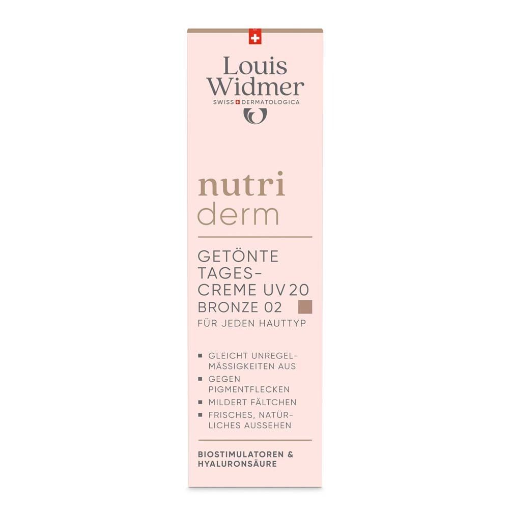 Emballage rose. Inscription: Louis Widmer, Nutriderm, Crème de jour teintée UV 20, Bronze 02. Texte pour tout type de peau.