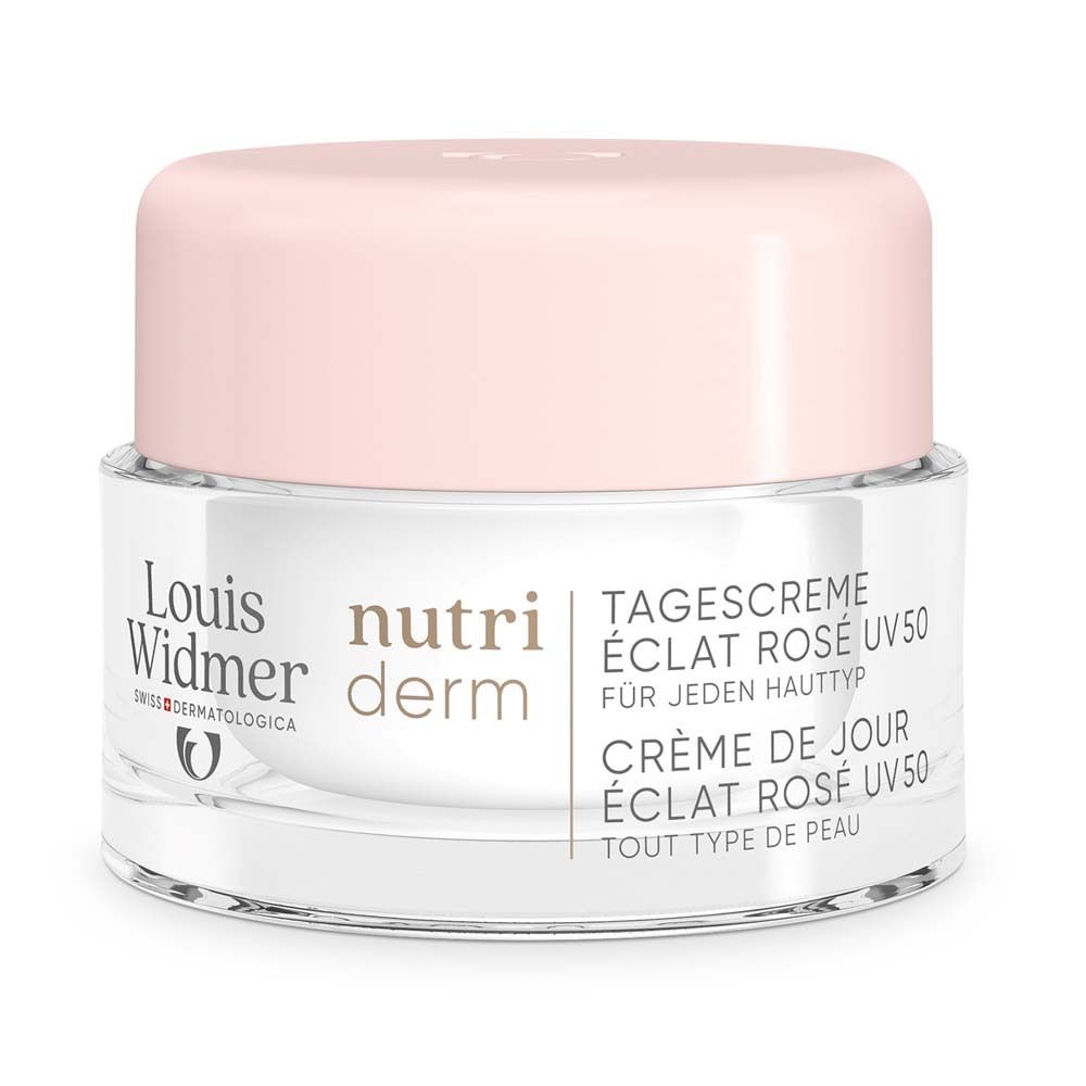 Pot de crème avec couvercle rose. Inscription : Louis Widmer, Nutriderm, Crème de jour Éclat Rosé UV 50. Tout type de peau.
