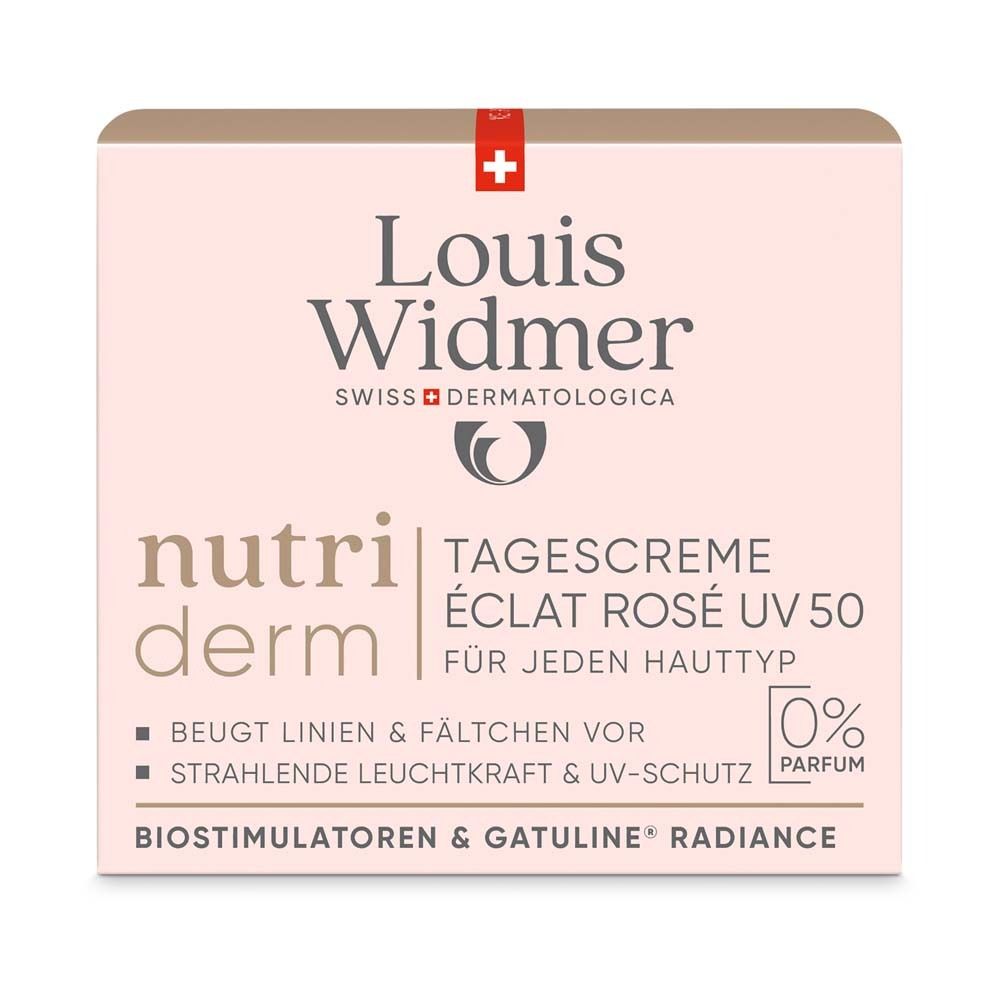 Emballage en carton avec informations produit. Logo: Louis Widmer. Texte: Nutriderm, Crème de jour Éclat Rosé UV 50, 0% Parfum.