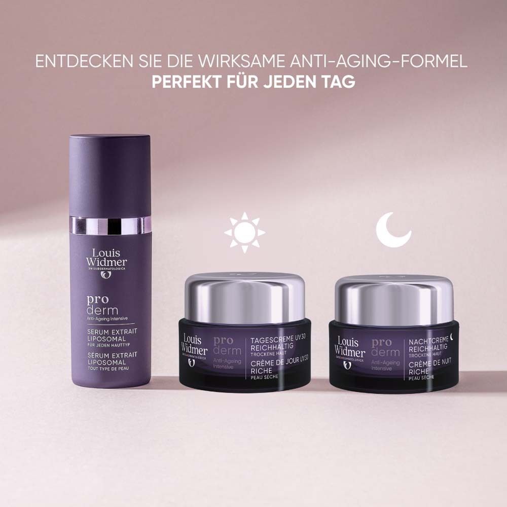Trois produits : sérum, crème de jour et crème de nuit. Texte : Découvrez la formule anti-âge efficace, parfaite pour tous les jours.