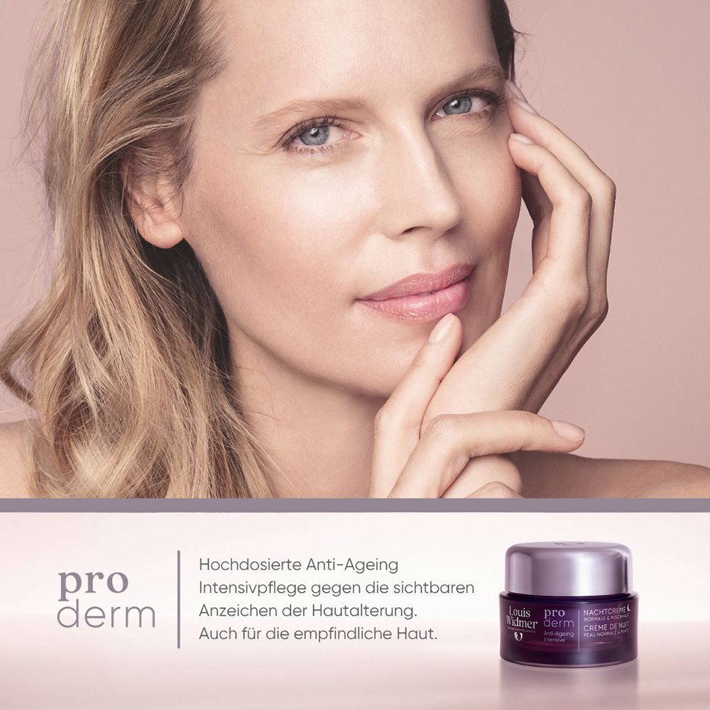 Femme à la peau lisse à côté de la Louis Widmer pro derm Crème de Nuit Riche.