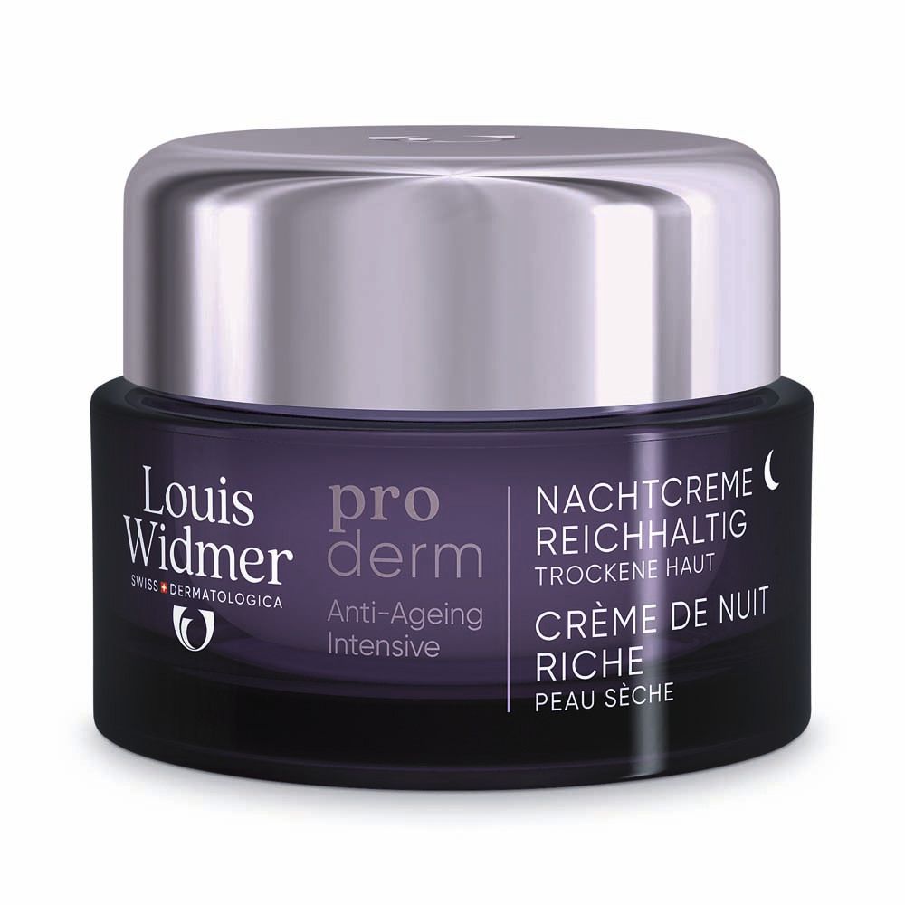 Pot de crème avec couvercle argenté. Inscription: Louis Widmer, pro derm, Crème de nuit riche, Crème de nuit riche.