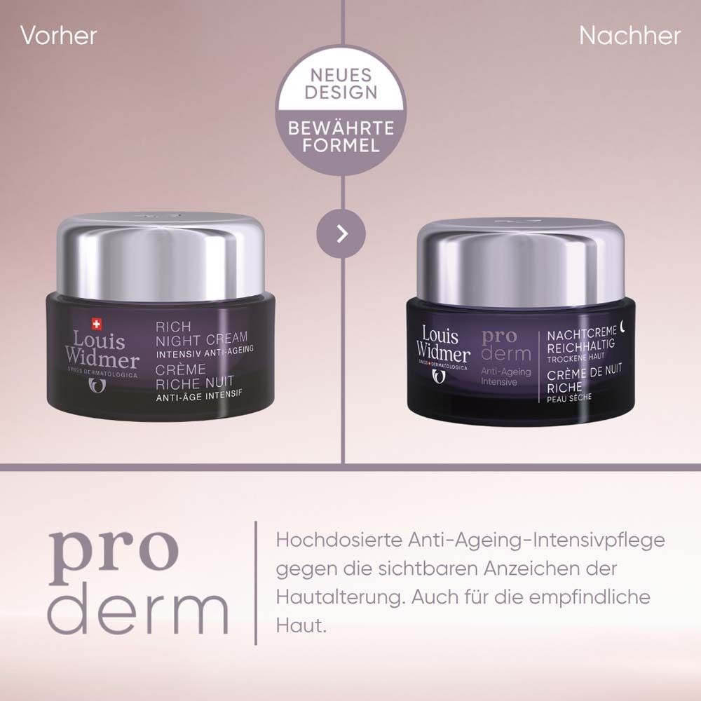 Comparaison de deux pots de crème. Gauche: Rich Night Cream. Droite: pro derm Nachtcreme. Texte: Nouveau design, Formule éprouvée.