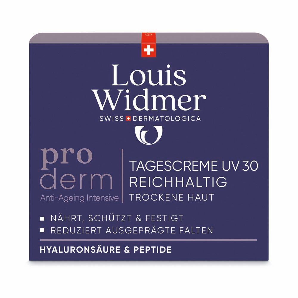 Emballage avec inscription: Louis Widmer, pro derm, Crème de jour UV 30, riche, peau sèche. Avec informations.