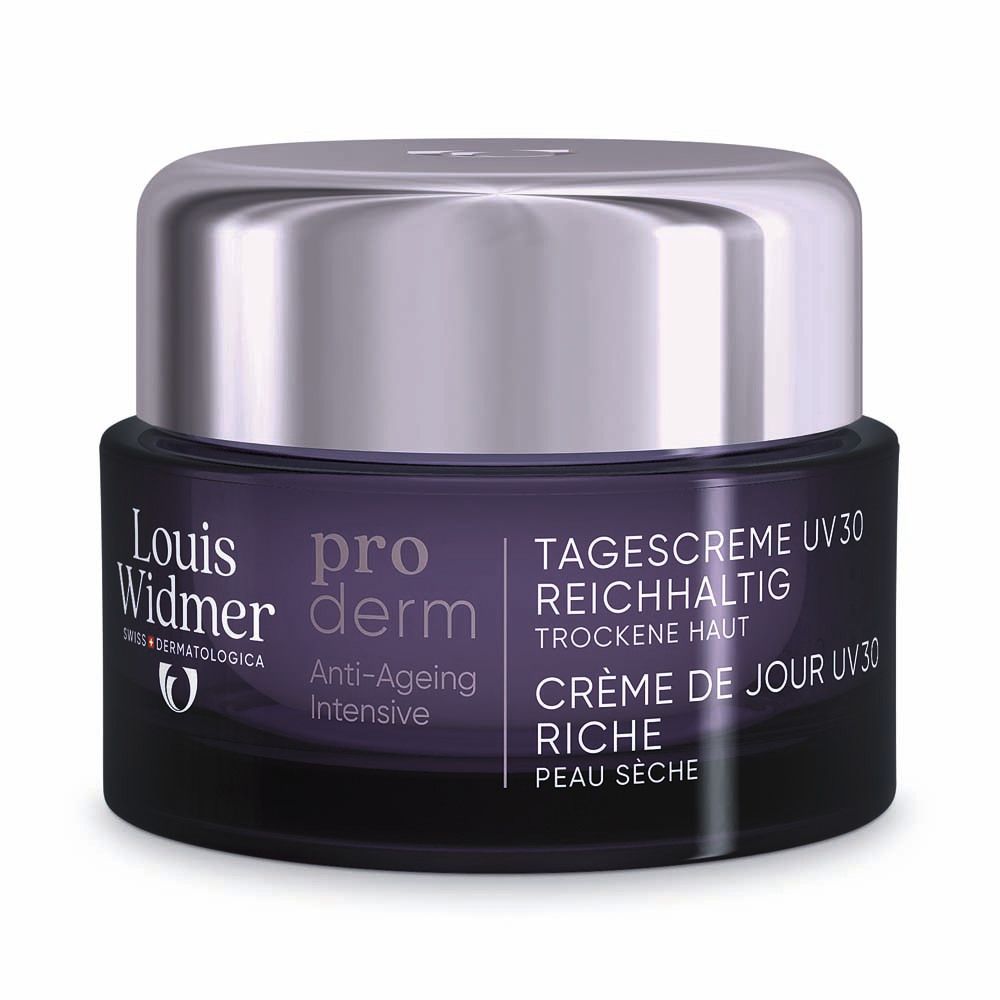 Pot de crème avec couvercle argenté. Inscription: Louis Widmer, pro derm, Crème de jour UV30, riche, peau sèche.