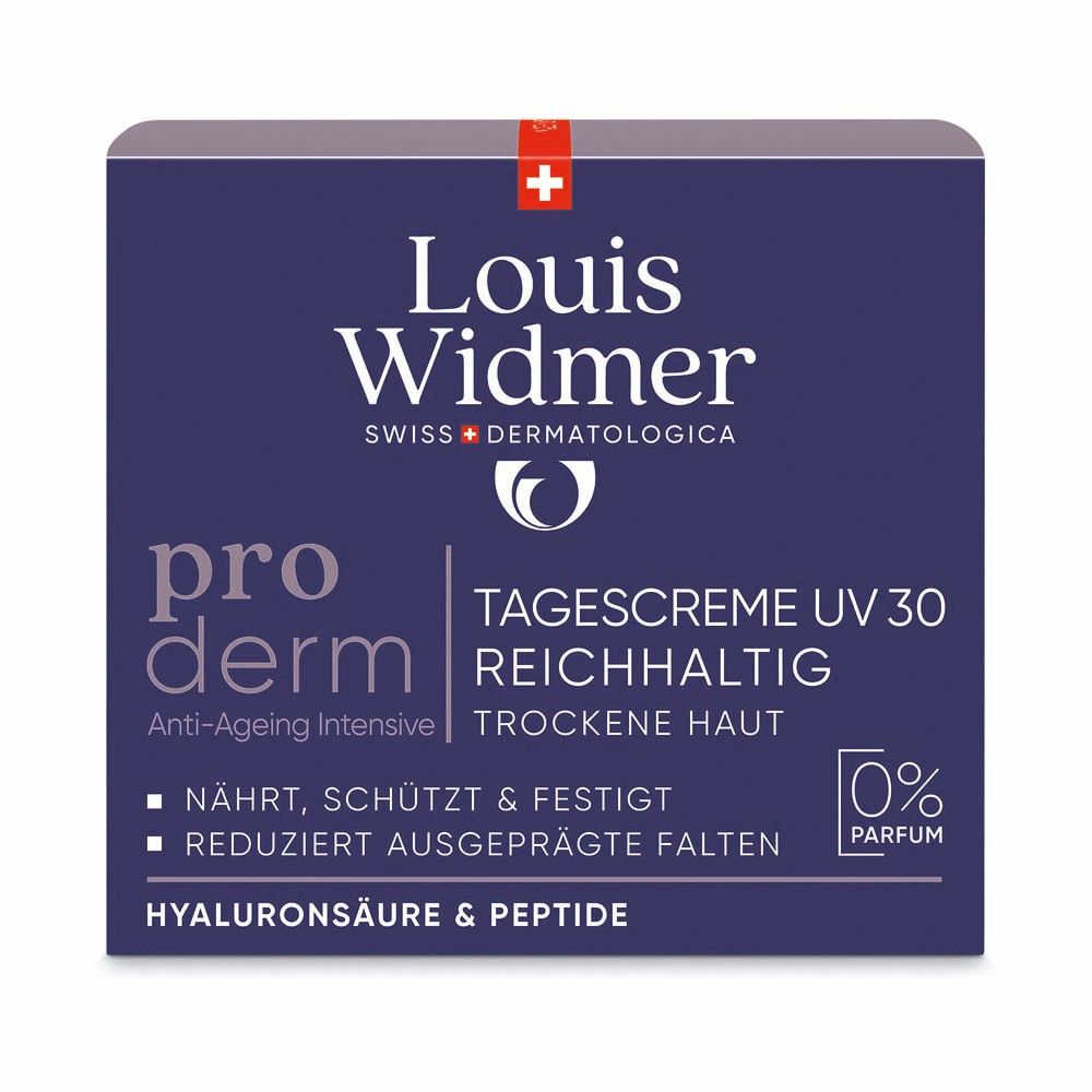 Emballage avec inscription: Louis Widmer, pro derm, Crème de jour UV30, riche, peau sèche. 0% parfum.