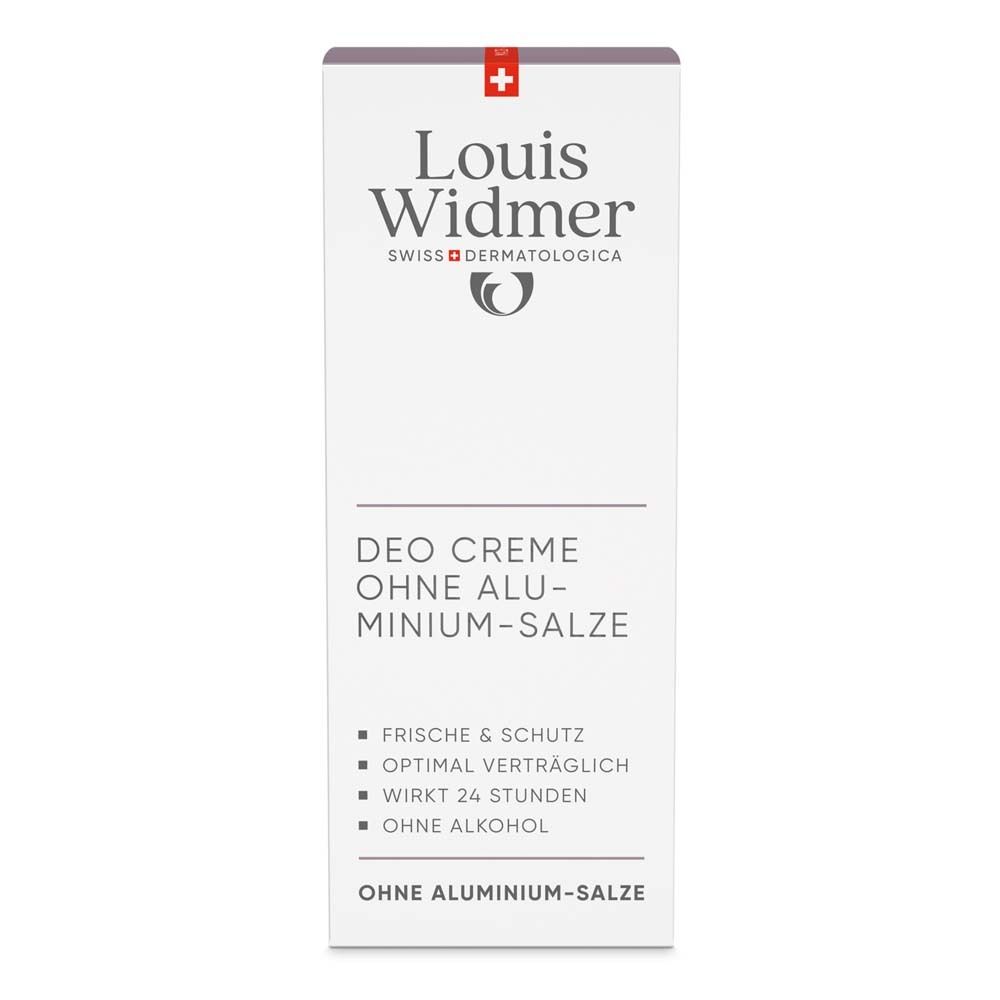 Emballage blanc avec croix rouge. Inscription: Louis Widmer, sans sels d'aluminium. Sans alcool.