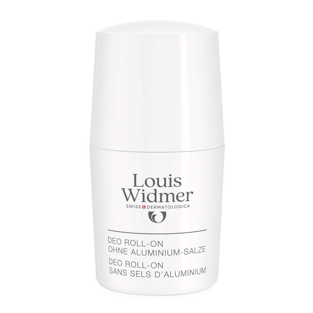 Flacon de déodorant roll-on blanc. Inscription : Louis Widmer, Deo Roll-on sans sels d'aluminium.