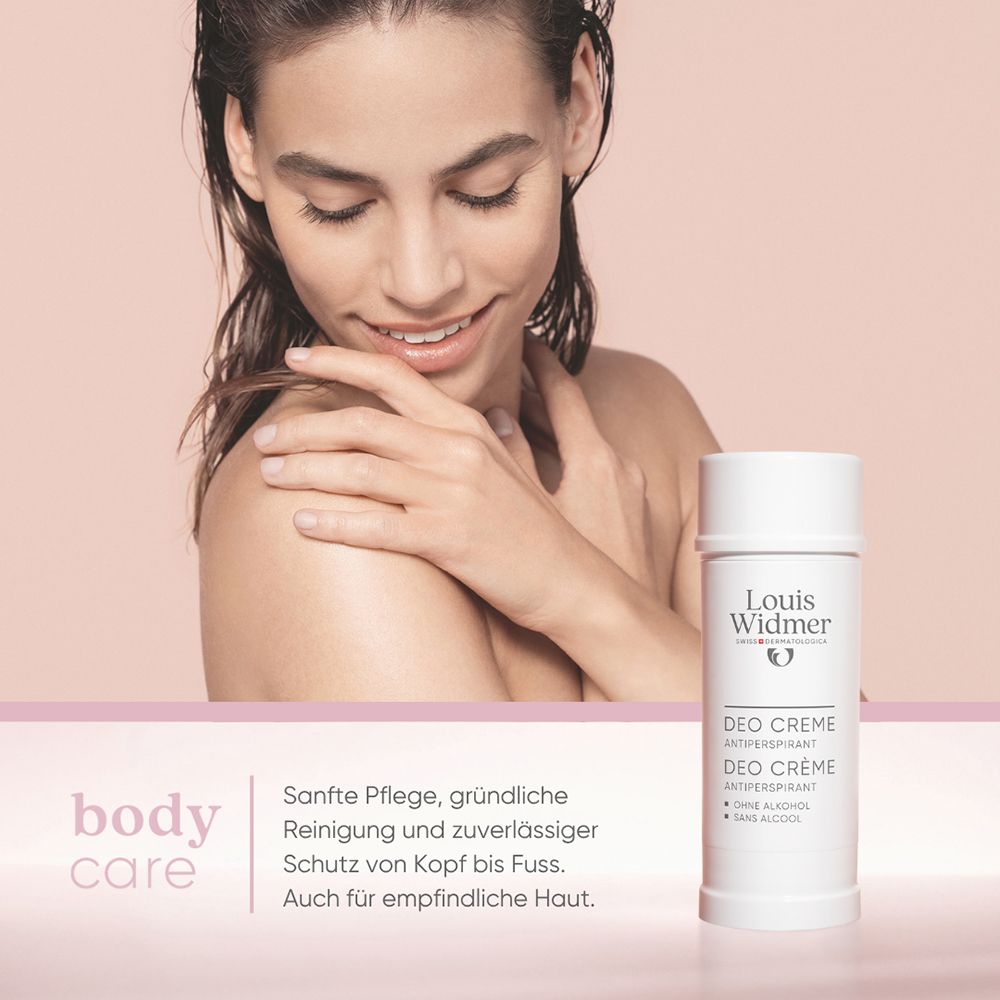 Louis Widmer Deo Crème Antiperspirant. Femme avec produit, sur fond rose.