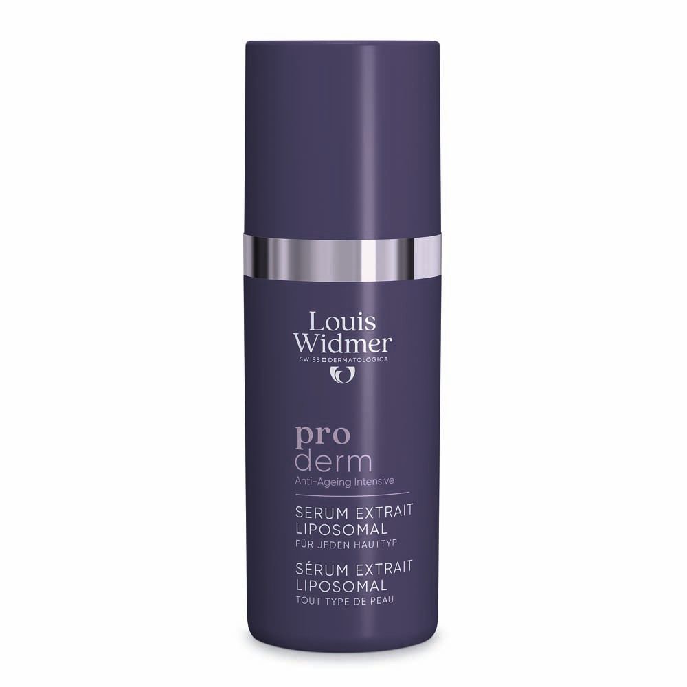 Flacon de sérum violet avec bague argentée. Louis Widmer pro derm Sérum Extrait Liposomal.