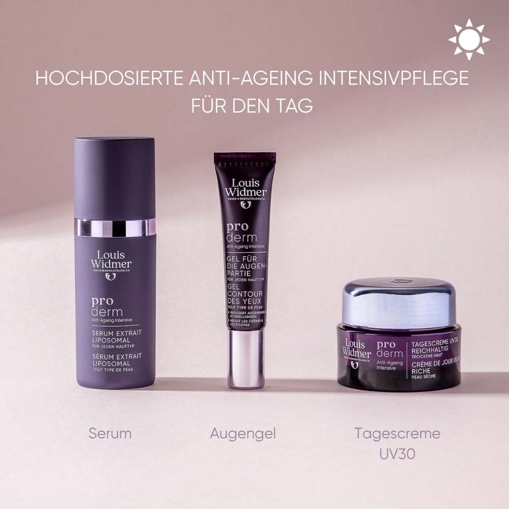 Trois produits: Sérum, Gel pour les yeux, Crème de jour. Louis Widmer pro derm. Soin anti-âge pour la journée.