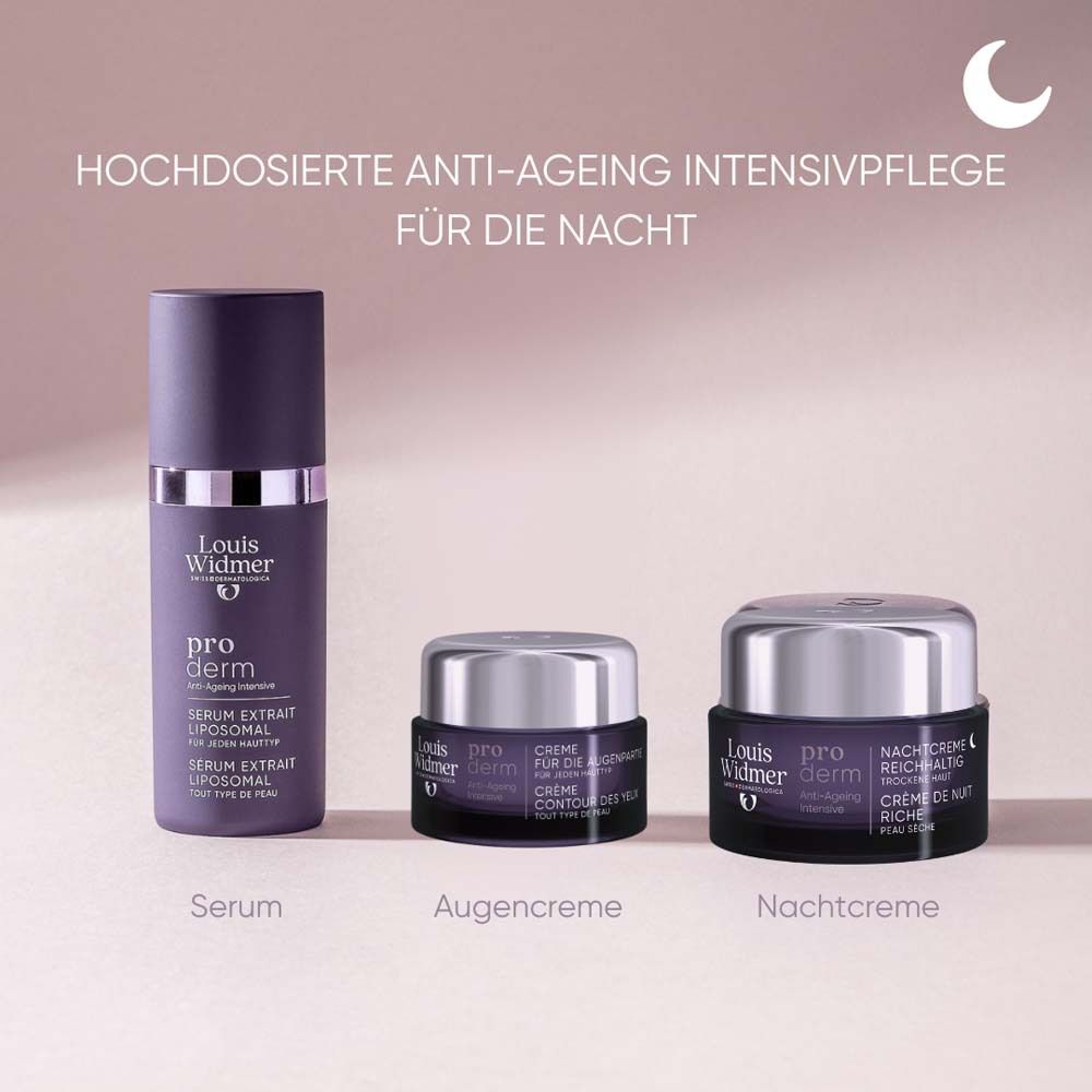 Trois produits: Sérum, Crème pour les yeux, Crème de nuit. Louis Widmer pro derm. Soin anti-âge pour la nuit.