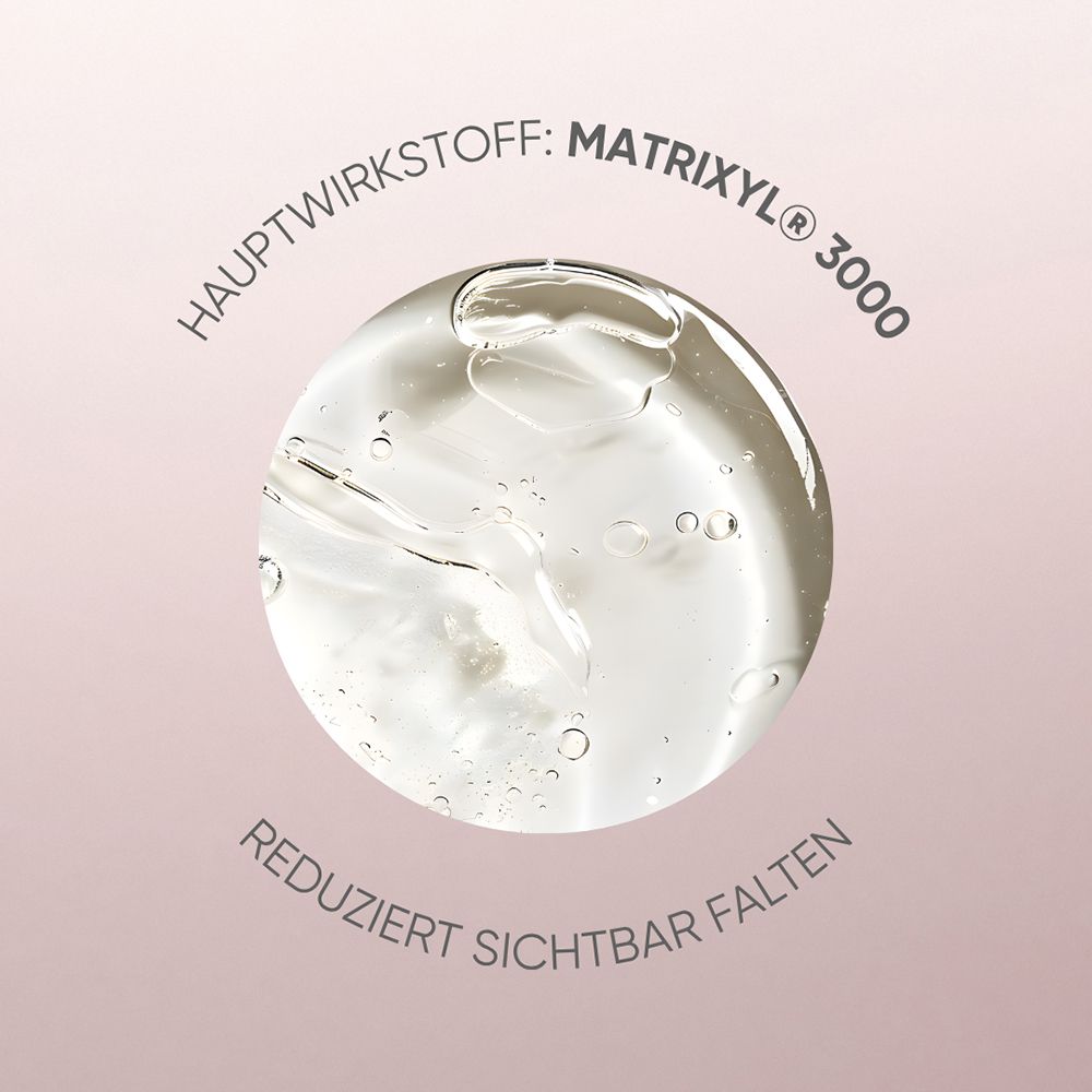 Goutte de sérum avec graphique moléculaire. Ingrédient actif: Matrixyl 3000. Louis Widmer pro derm.