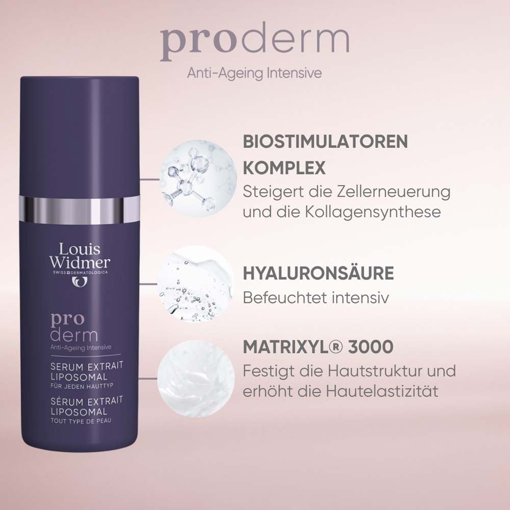 Flacon de sérum violet foncé avec texte: Louis Widmer, pro derm, Serum Extrait Liposomal. Éléments graphiques.