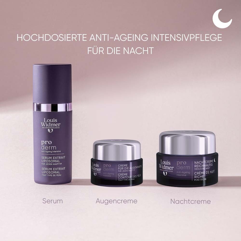 Trois produits: Sérum, crème contour des yeux et crème de nuit. Texte: Louis Widmer, pro derm.