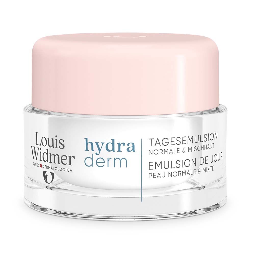 Pot de crème avec couvercle rose. Inscription : Louis Widmer, hydra derm, Emulsion de jour pour peaux normales et mixtes.