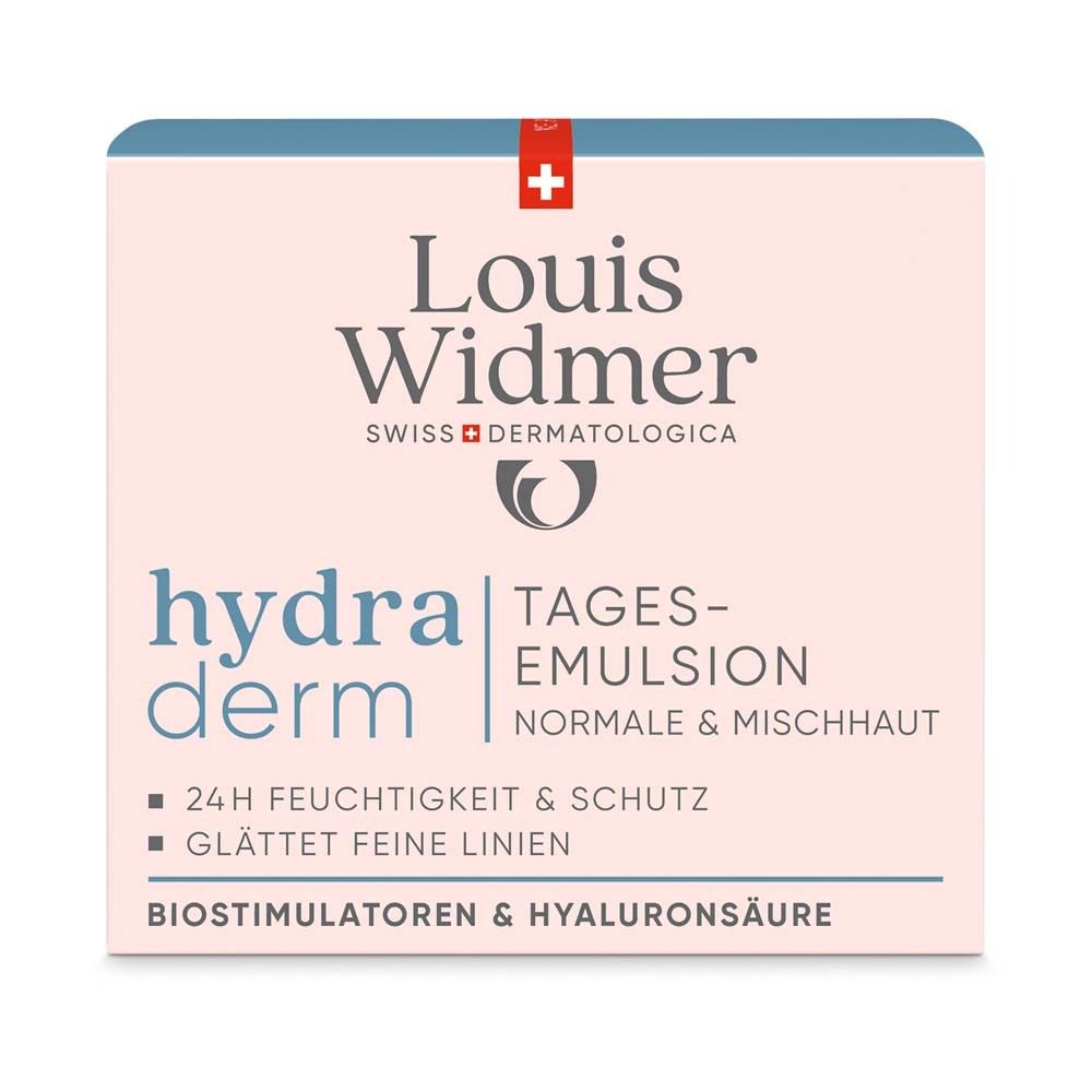 Emballage avec informations produit. Inscription : Louis Widmer, hydra derm, Emulsion de jour, 24h hydratation & protection.
