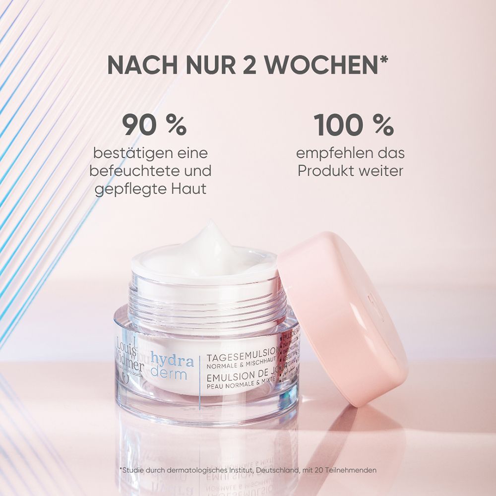 Émulsion de jour hydraderm Louis Widmer avec couvercle ouvert, montrant l'émulsion.