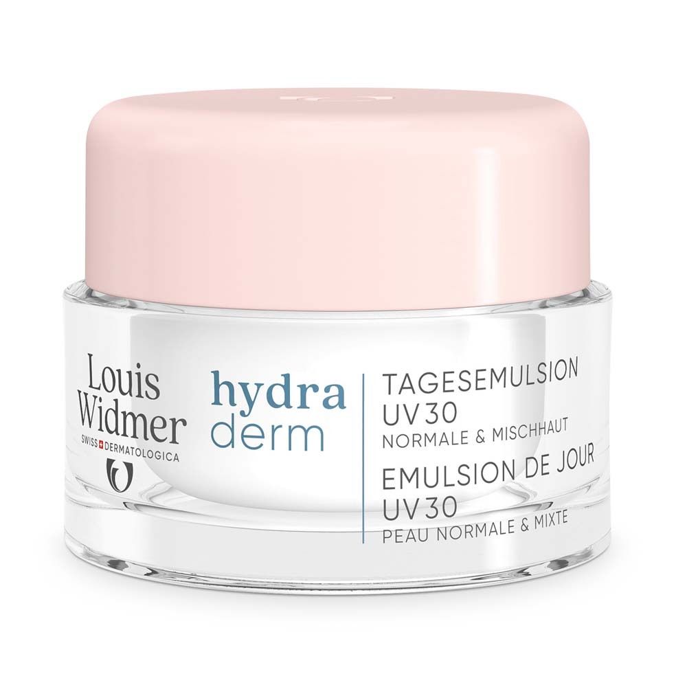 Pot de crème avec couvercle rose. Inscription : hydraderm, Emulsion de jour UV 30, peaux normales & mixtes. Marque : Louis Widmer.