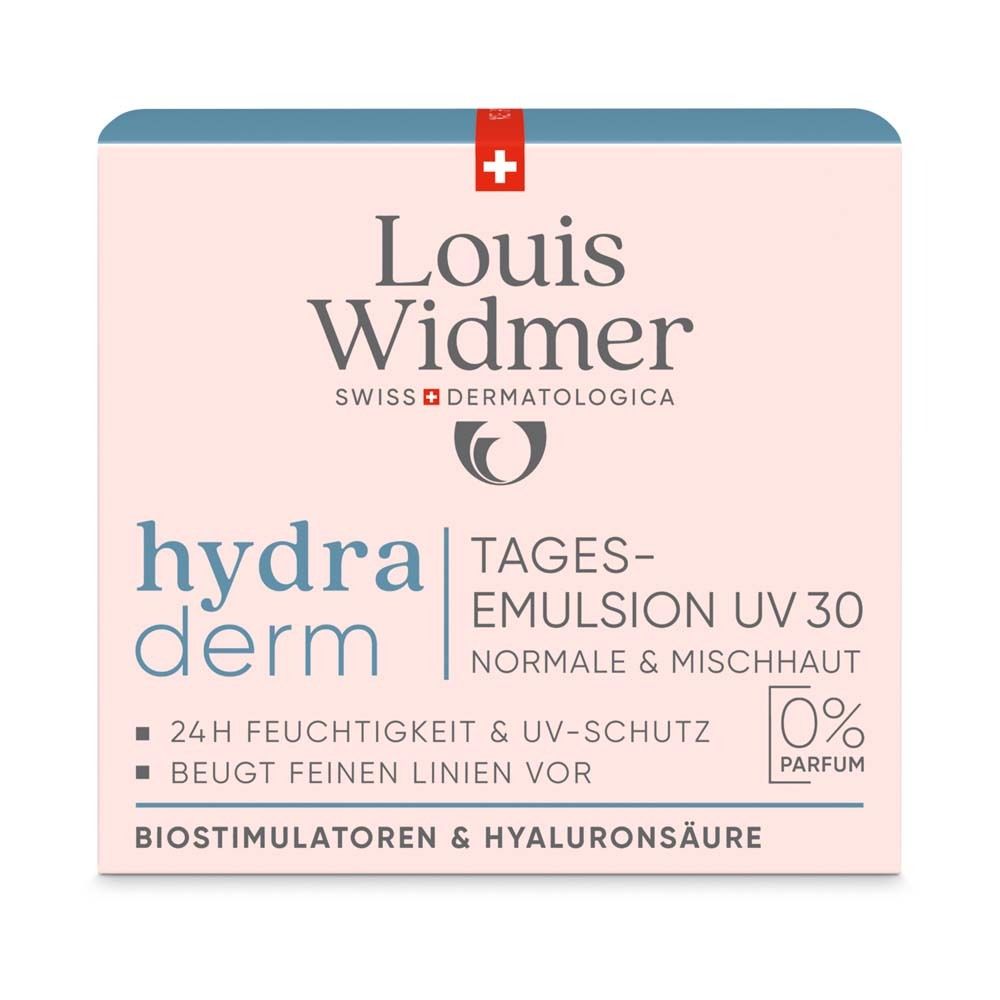 Boîte avec informations sur le produit. Inscription : hydraderm, Emulsion de jour UV 30, peaux normales & mixtes. Marque : Louis Widmer.