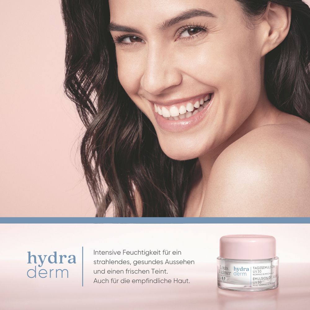 Louis Widmer hydraderm Émulsion de jour UV 30, 50 ml, avec informations détaillées.