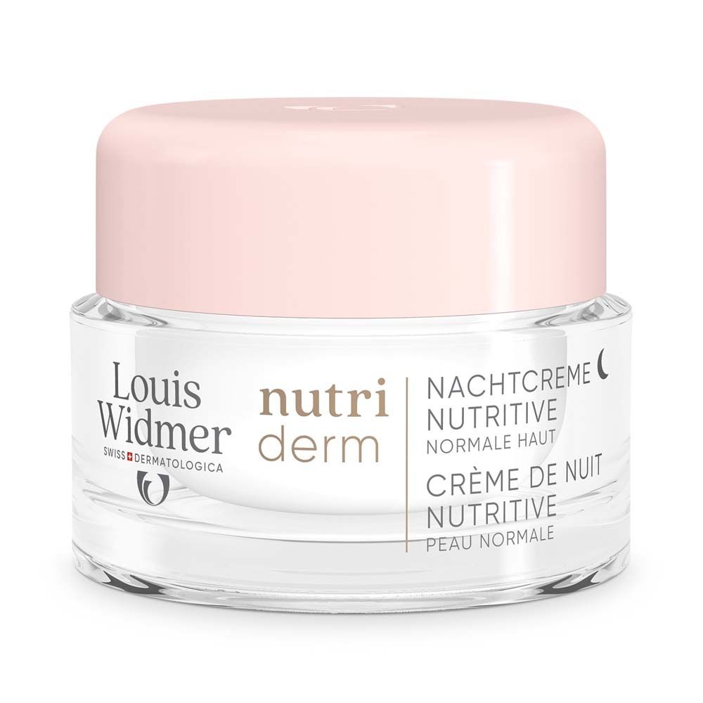 Pot de crème avec couvercle rose. Inscription : Louis Widmer, nutriderm, Nachtcreme Nutritive, Crème de nuit nutritive.