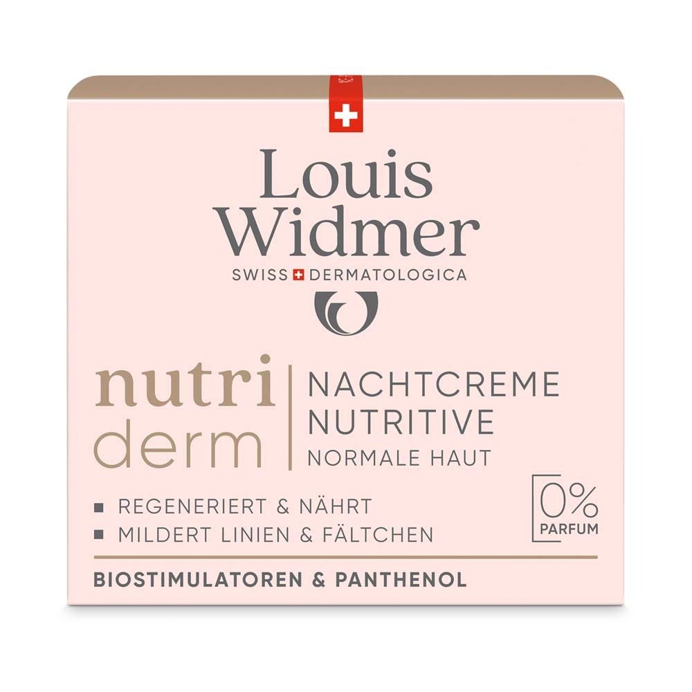 Boîte avec inscription : Louis Widmer, nutriderm, Nachtcreme Nutritive, Peau normale. Contient 0% de parfum.