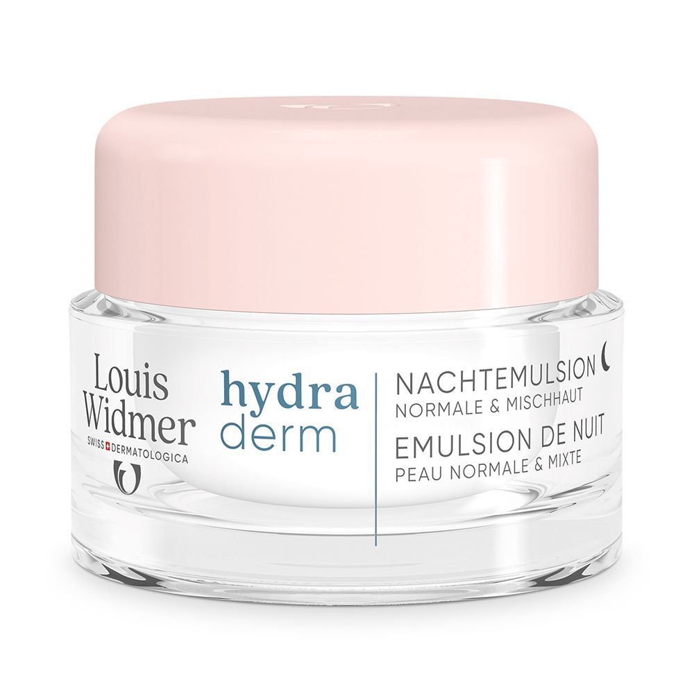 Louis Widmer hydraderm Émulsion de nuit dans un pot en verre avec un couvercle rose.