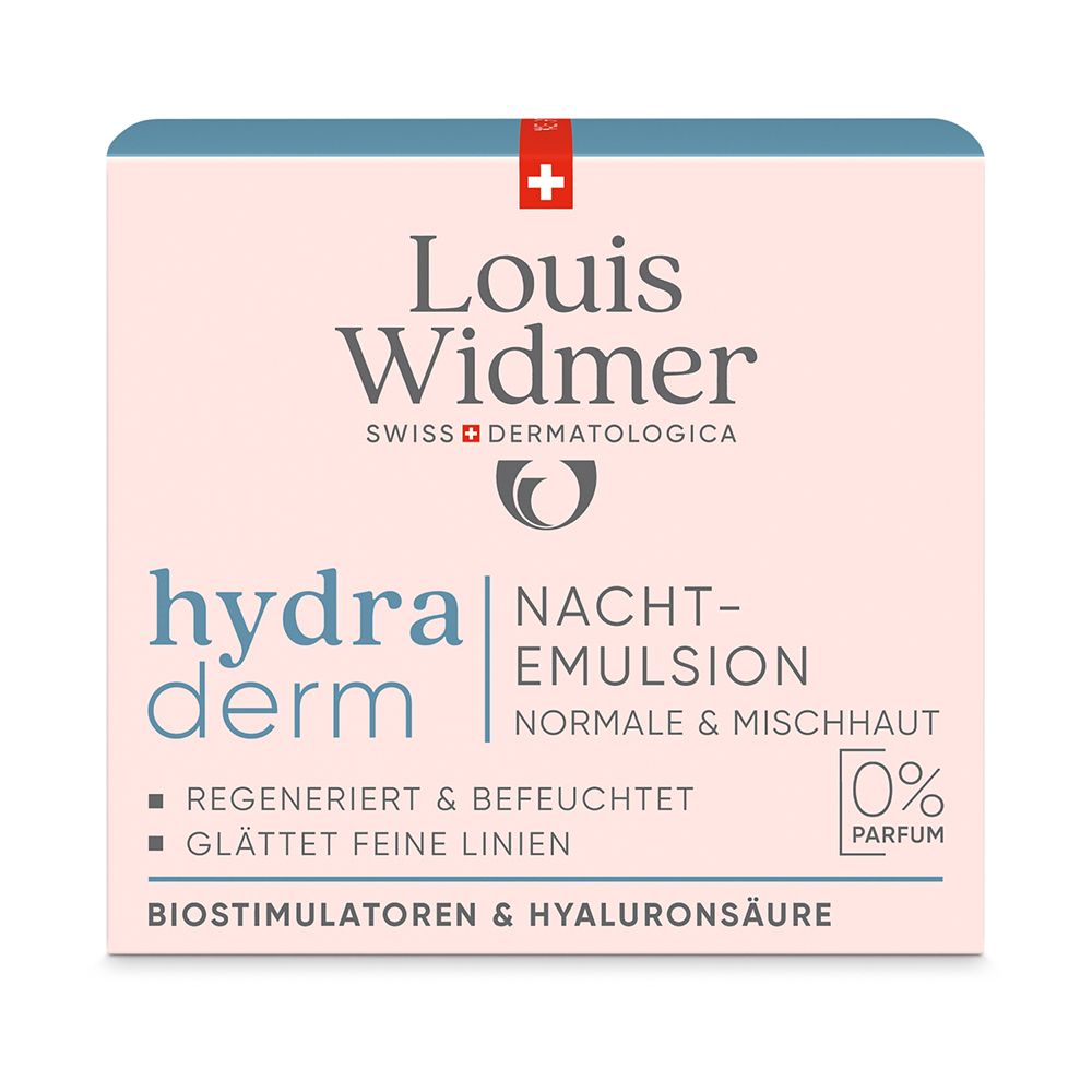 Emballage de Louis Widmer hydraderm Émulsion de nuit, 50ml, sans parfum.