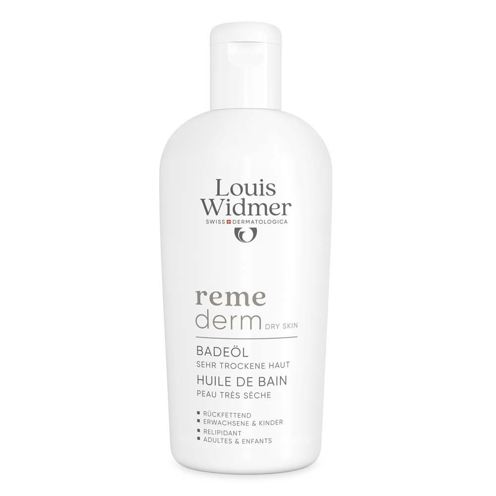 Flacon blanc d'huile de bain. Inscription: Louis Widmer, remederm, huile de bain, peau très sèche.