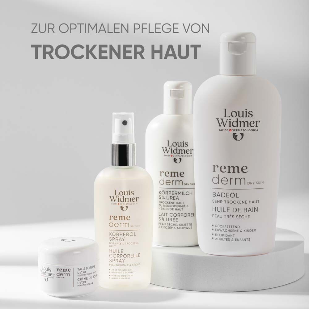 Différents produits Louis Widmer. Texte: Louis Widmer, remederm. Huile de bain, spray huile corporelle, lotion corporelle, crème de jour.