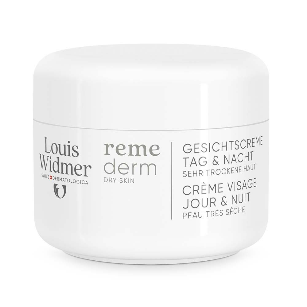 Pot de crème blanc. Inscription: Louis Widmer, remederm, DRY SKIN, Crème visage jour & nuit. Sans parfum.
