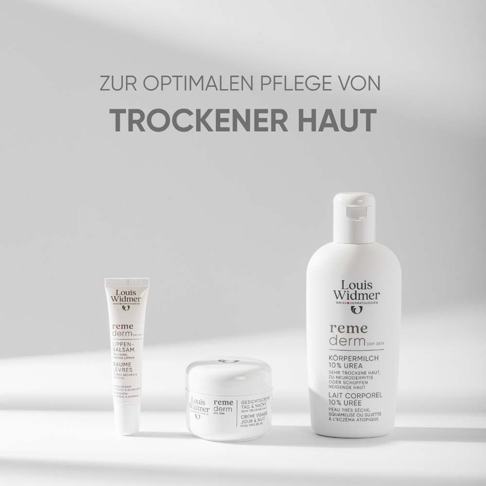 Trois produits: Crème, baume pour les yeux, lotion pour le corps. Texte: Pour le soin optimal des peaux sèches.