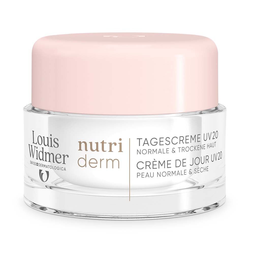 Pot de crème avec couvercle rose. Inscription : Louis Widmer, Nutriderm, Crème de jour UV20. Pour peaux normales et sèches.