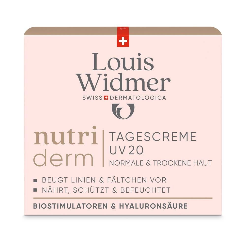 Emballage en carton avec inscription : Louis Widmer, Nutriderm, Crème de jour UV20. Pour peaux normales et sèches. Contient de l'acide hyaluronique.